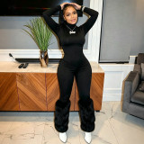 Women Fall Solid High Neck Long Sleeve Patchwork Furry Jumpsuit