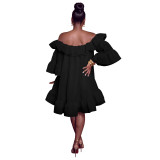 Women Casual Off Shoulder Ruffle Bell Sleeve Smocked Dress