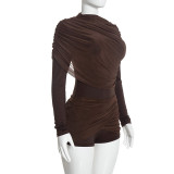 Women Solid Casual Round Neck Long Sleeve Ruched Zipper Romper