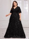Plus Size Women Elegant V-Neck Short Sleeve Mesh Formal Party Dress（Processing time need 3-6 days）