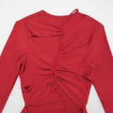 Women Sexy Hollow Out Lace-Up Long Sleeve Bodysuit Lingerie