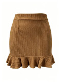 Women Fall Winter Turndown Collar Button Long Sleeve Top & Ruffle Skirt Two Piece Set