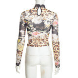 Women Sexy See-Through Mesh Long Sleeve High Neck Hollow Out Top