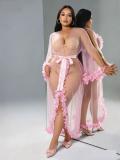Plus Size Women Sexy Mesh Floral Lace See-Through Tie Robe