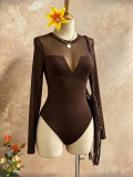 Women V-Neck Sexy Basic Mesh Patchwork Long Sleeve Bodysuit