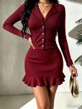 Women Fall Winter Turndown Collar Button Long Sleeve Top & Ruffle Skirt Two Piece Set
