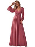 Women V-Neck Long Sleeve Floor Length Pleated Chiffon Dress（Processing time need 3-6 days）