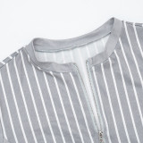 Women Casual Striped Zipper Long Sleeve Top & Shorts Sexy Two Piece Set