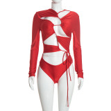 Women Sexy Hollow Out Lace-Up Long Sleeve Bodysuit Lingerie