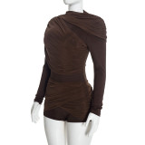 Women Solid Casual Round Neck Long Sleeve Ruched Zipper Romper