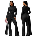 Women Mock Neck Ruched Sash Split Bell Bottom Jumpsuit