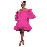 Women Casual Off Shoulder Ruffle Bell Sleeve Smocked Dress