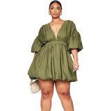 Plus Size Women Fall Winter Solid V-Neck Puff Sleeve Dress