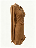 Women Fall Winter Turndown Collar Button Long Sleeve Top & Ruffle Skirt Two Piece Set