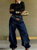 Women Layered Wear Washed Denim Wide Leg Trousers