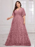 Plus Size Women Elegant V-Neck Short Sleeve Mesh Formal Party Dress（Processing time need 3-6 days）