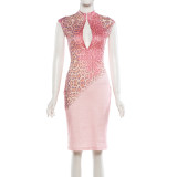 Women Summer Printed Sexy Sleeveless Hollow Out Backless Dress