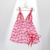 Women Cherry Heart Print Bow Front Open Backless Strap Dress Lingerie Two Piece Set