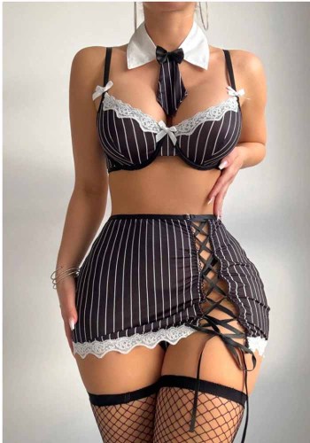 Women Sexy Striped Bow Lingerie Two Piece Set