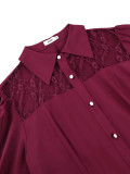 Plus Size Women Burgundy Lace Turndown Collar Long Sleeve Pleated Formal Party Maxi Dress