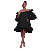 Women Casual Off Shoulder Ruffle Bell Sleeve Smocked Dress