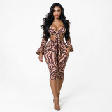 Women Printed Striped Sexy Hollow Out Lace-Up Long Sleeve Top & Pant Two Piece Set