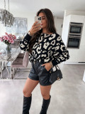 Women Leopard Knit Slash Shoulder Jacquard Top Fall Winter Sweater