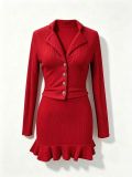 Women Fall Winter Turndown Collar Button Long Sleeve Top & Ruffle Skirt Two Piece Set
