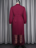 Plus Size Women Burgundy Lace Turndown Collar Long Sleeve Pleated Formal Party Maxi Dress