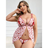 Women Cherry Heart Print Bow Front Open Backless Strap Dress Lingerie Two Piece Set