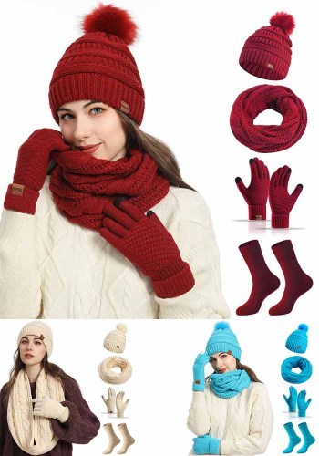 Women Winter Beanie Scarf Gloves Socks Four Piece Set