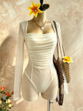 Women See-Through Mesh Long Sleeve Square Neck Ruched Corset Sexy Bodysuit