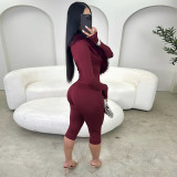 Women Fall Winter Solid Furry Collar V-Neck Long Sleeve Capri Pants Sexy Jumpsuit