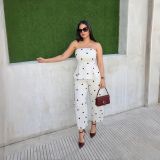 Women Sleeveless Strapless Polka Dot Top & Trousers Casual Two Piece Set