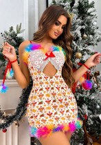 Women Rainbow Feather Lace Print Backless Sexy Strap Dress Lingerie