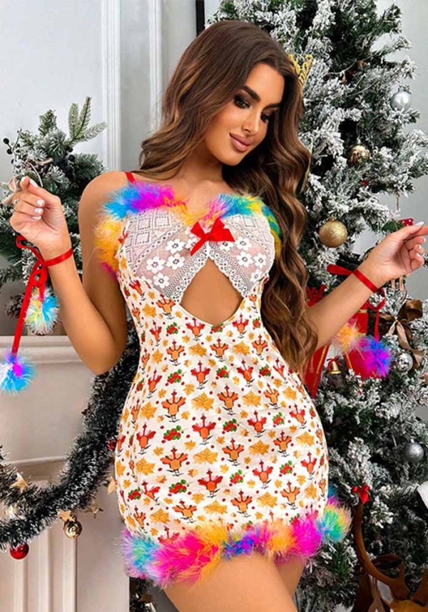 Women Rainbow Feather Lace Print Backless Sexy Strap Dress Lingerie
