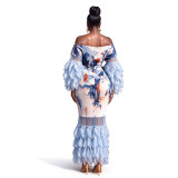 Custom Women Feather Patchwork Print Off Shoulder Dress (Made after Order ,need 15 DAYS)