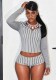 Women Casual Striped Zipper Long Sleeve Top & Shorts Sexy Two Piece Set