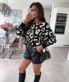 Women Leopard Knit Slash Shoulder Jacquard Top Fall Winter Sweater
