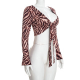 Women Printed Striped Sexy Hollow Out Lace-Up Long Sleeve Top & Pant Two Piece Set