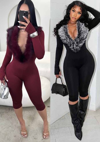 Women Fall Winter Solid Furry Collar V-Neck Long Sleeve Capri Pants Sexy Jumpsuit