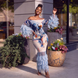 Custom Women Feather Patchwork Print Off Shoulder Dress (Made after Order ,need 15 DAYS)