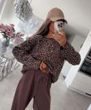 Women Leopard Jacquard Knit Round Neck Casual Sweater