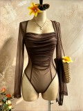 Women See-Through Mesh Long Sleeve Square Neck Ruched Corset Sexy Bodysuit