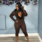 Women Fall Winter Solid Furry Collar V-Neck Long Sleeve Capri Pants Sexy Jumpsuit