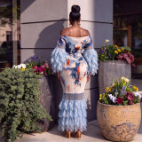 Custom Women Feather Patchwork Print Off Shoulder Dress (Made after Order ,need 15 DAYS)