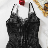Women Eyelash Lace Patchwork Corset Lingerie Two Piece Set