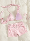 Women Polka Dot Halter Neck Metal Ring Bikini Two Pieces Swimsuit