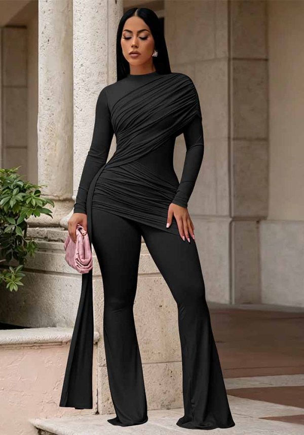 Women Mock Neck Ruched Sash Split Bell Bottom Jumpsuit
