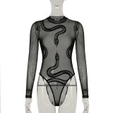 Women Flocked Snake Print Mesh Round Neck See-Through Long Sleeve Jumpsuit